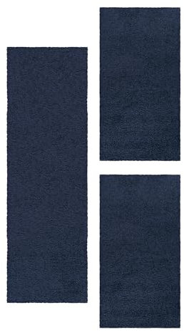 Carpetsale24 Bettumrandung Schlafzimmer 3 teilig Shaggy Hochflor Teppich Marineblau Bettvorleger Schlafzimmer Bettset: 2 St. 60x110 cm | 1 St. 100x200 cm - Teppich Läufer Set Einfarbig Design