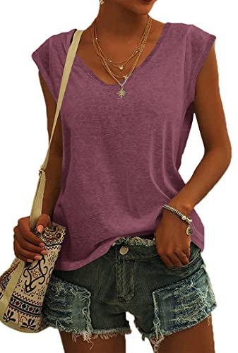 NARRAME Camiseta de Mujer Blusas de Verano Camiseta de Manga Corta con Cuello en V Camiseta sin Mangas Ligera y Informal Liso Borgoña Large L 42-44