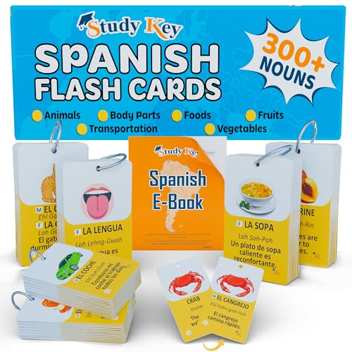 300 Spanish Vocabulary Flashcards | Double Sided Bilingual Flashcards for Adults & Kids Ages 12+ | Portable Noun Flash Cards to Learn Spanish for Adult Beginners with workbooks for Adults
