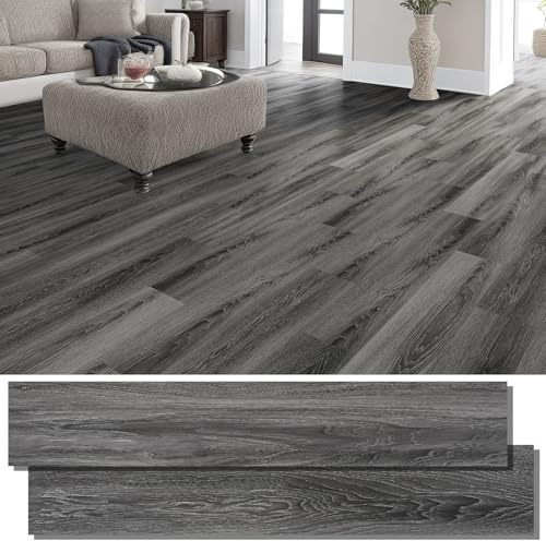 INMOZATA Peel and Stick Floor Tile Vinyl Flooring, Waterproof Vinyl Plank Flooring 36-Pack 54 Sq.Ft Wood Grain Self Adhesive Peel and Stick Flooring for Bedroom, Living Room, Kitchen, RV(Deep Gray)