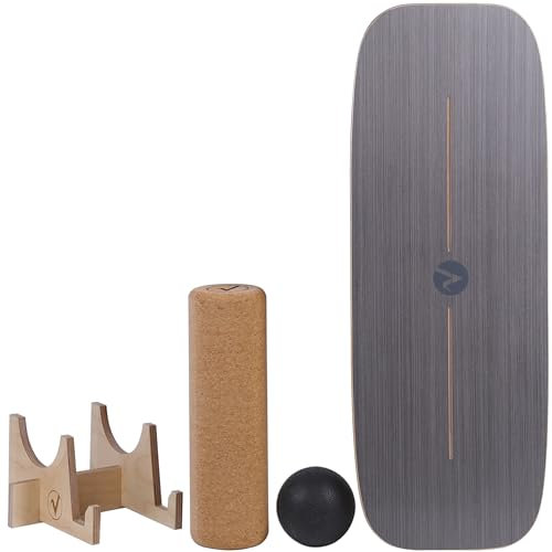 valuents Balance Board aus Holz in Surfboard Form – gebogen – inkl. Rolle für Neuromuscular Response Training +Plus: Halterung & Ball