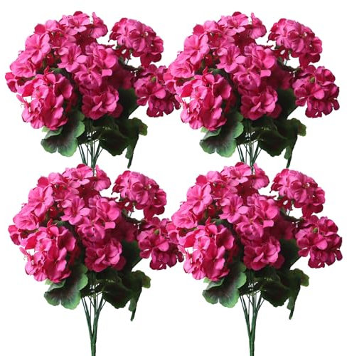 YXYQR 4 plantas artificiales para decoración del hogar en interiores y exteriores, geranios falsos, flores de seda, resistentes a los rayos UV, vegetación sintética para maceta, jarrón, ventana,