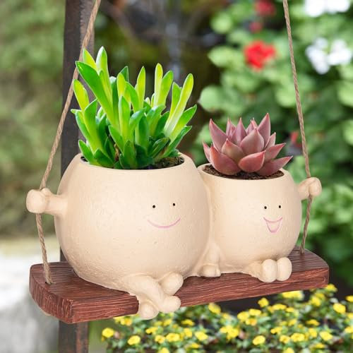 RAINBEAN Swing Face Planter Pot Hanging Resin Flower Head Planters for Indoor and Outdoor Plants, Cute Succulent Pots for String of Pearls Plant, for Mother's Day and Christmas