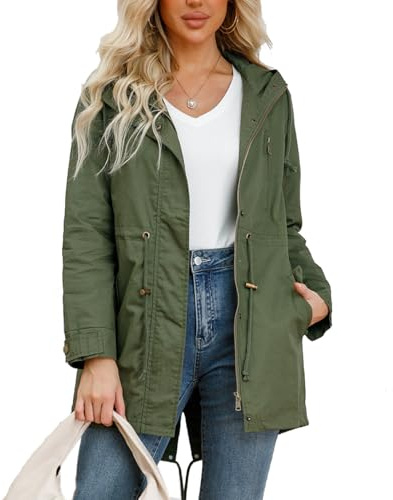 chiguomaoyi Mujeres Casual Ligtweight Militar Chaquetas Anorak Utilidad Cintura Alta Cordón Zip Up Capucha Abrigo
