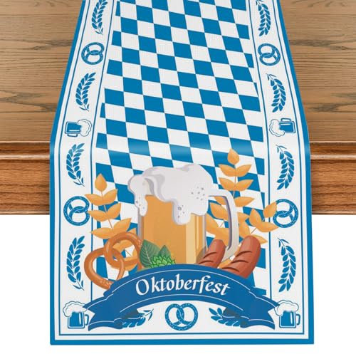 Tarklanda Raute Oktoberfest Tischläufer, Brezel Bayrisch Blau Weiß Tischdecke, Waschbar Küche Esstisch Dekoration für Oktoberfest Grillfeste drinnen und draußen Party Zubehör 35 x 180cm