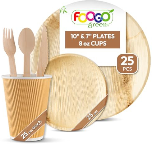FOOGO Green 150pcs Disposable Palm Leaf Plates, Paper Cups and Wooden Cutlery Set, FSC® Certified, 25x Large Round, 25x Small Side Plates, 25x Cups, 25x Forks, 25x Knives, 25x Spoons, Eco