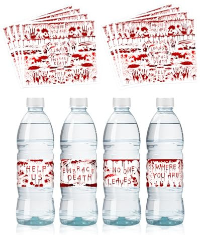 Liobelon 48 Pieces Halloween Water Bottle Labels, Bloody Handprint Champagne Soda Bottle Stickers, Personalized Blood Terror Decor Stickers Wine Bottle Labelfor Halloween Party Decorations