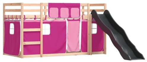 vidaXL Etagenbett, Kinderbett Spielbett mit Rutsche Gardinen, Hochbett Bett für Kinder, Stockbett Bettgestell mit Lattenrost Rausfallschutz, Rosa 90x200cm