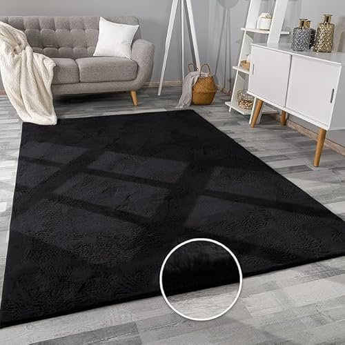 BedLooms Rugs Living Room 60x110 cm, Fluffy Bedside Black Rug for Bedroom Low Pile Heavy Duty Washable Carpets for Kitchen Comfortable Soft Faux Fur Rug for Lounge