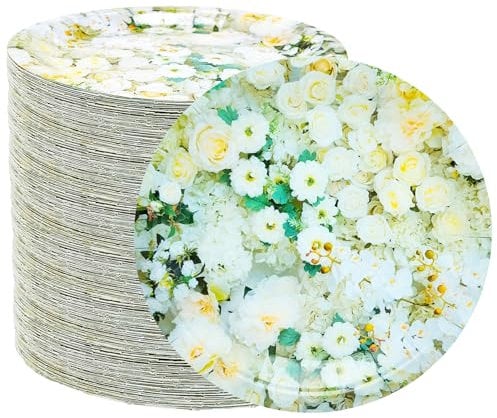 50pcs White Rose Floral Plates - White Flower Wedding Party Supplies - 7 Mr & Mrs Floral Bridal Shower Plates for Bridal Shower, Wedding Anniversary, Birthday Party Decor