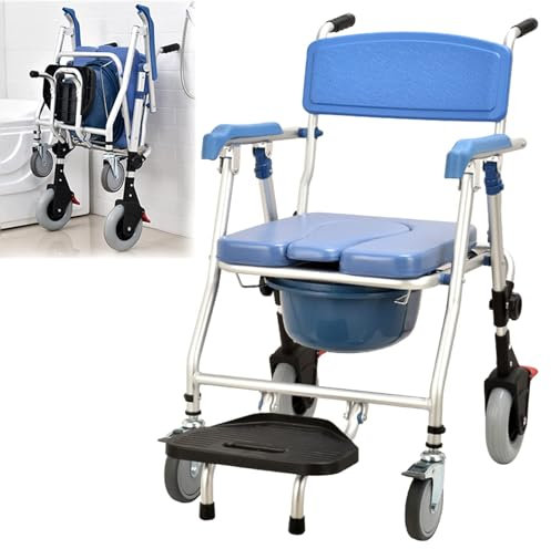 Generisch Toilettenstuhl mit Rollen für Senioren 150kg Faltbar Nachtstuhl mit Armlehne Fahrbarer Toilettenstühle Duschstuhl mit rädern WC Stuhl mit herausnehmbarer Eimer