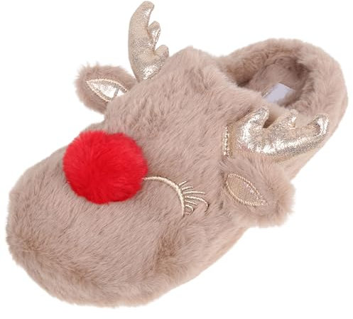 Rentier Damenpantoffeln/Hausschuhe, braun, warm 36-37 EU / 3-4 UK