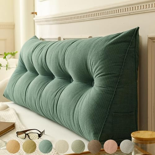 Rückenkissen Bett Grün 200cm, Groß Lesekissen für Bett und Sofa, Cord Bettkissen Rückenlehne Rückenpolster Keil Kopfteil Kissen, Dreieckige Rückenstützkissen Keilkissen Lendenkissen Kopfkissen