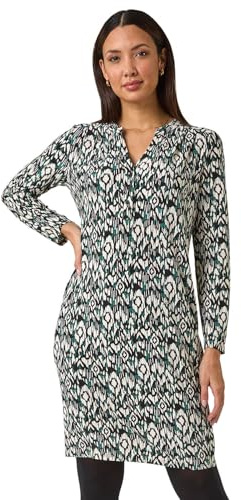 Roman Leaf Print Cocoon Stretch Dress for Women UK - Ladies Autumn Everyday Winter Holiday Notch Neckline Comfy Long Sleeve Soft Midi Length Frock Desk to Dinner Gowns - Teal Aztec - Size 20