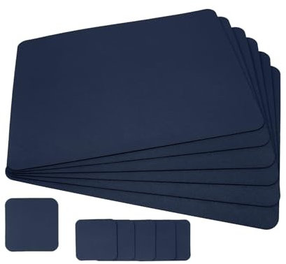 Lot de 6 sets de table en cuir synthétique bleu marine (24 x 32 cm) et 6 dessous de verre (10 x 10 cm), double face, lavables, antidérapants, infroissables, anti-taches (bleu marine)