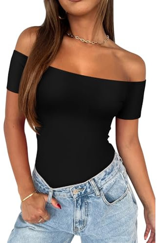 REORIA Womens Sexy Casual Off The Shoulder Short Sleeve Backless Going Out Double Lined Fitted Thong Bodysuit Tops Black Onyx Small