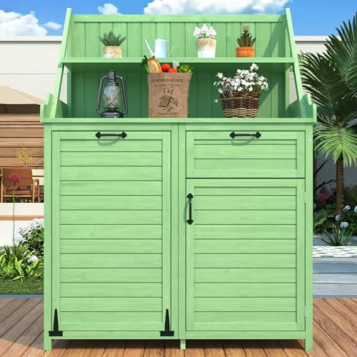 Holz Gartenschrank,Gartenschrank mit Regalen Outdoor Schrank, Gartenschrank Geräteschuppen Terrassenschrank, Balkonschrank, Gerätehaus, Garten Möbel,Grün
