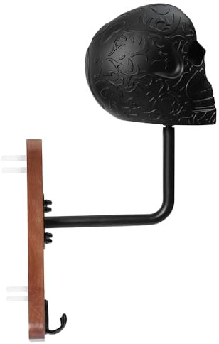 Skull Motorcycle Helmet Rack Wall Mounted with Fine Wooden Base and Jacket 'n' Coat Storage Hook