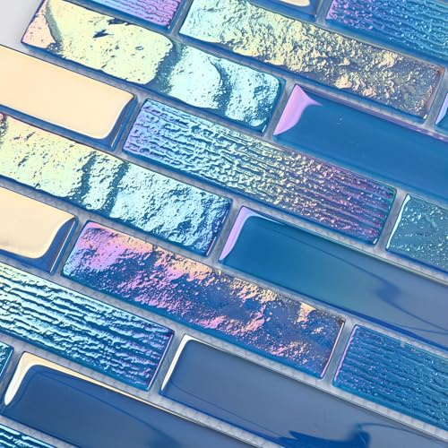 Diflart Glass Mosiac Tile, Iridescent Blue, 1x4 Inch Brick, Glass Tiles for Swimming Pool, Kitchen Backsplash, Bathroom, Shower, Fountain, Spa Wall, Pack of 5 Sheets