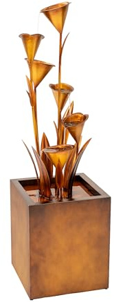 XBrand 46 Tall Bronze Metal Sculptural Flower Multi-Tier Freestanding Water Fountain for Indoor & Outdoor Use, Decorative Garden Patio Backyard Water Feature