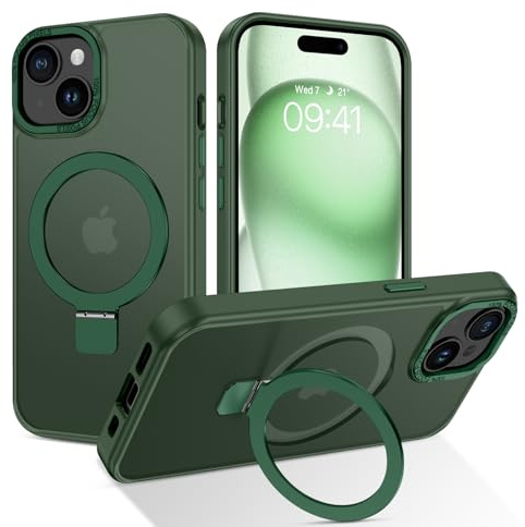 DUEDUE Magnetic Case for iPhone 15 with Stand [Compatible with Magsafe] Built-in Adjustable Ring Holder, Slim Translucent Matte Back Shockproof Phone Case Cover for iPhone 15 6.1, Green