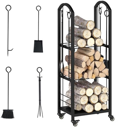 GYMAX Supporto per Legna a 4 Livelli, Portalegna in Metallo con Mensole a Griglia, 4 Attrezzi, Base Rialzata, 4 Ruote Girevoli Universali, Portalegna Mobile per Camino, Uso Interno ed Esterno (108CM)