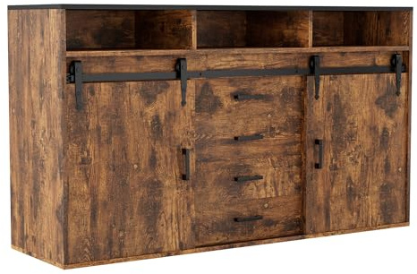 HOMAVO Sideboard HG1-L, Vintage Braun oder Weiß, 140x80x40cm, 2 Schiebetüren, 4 Schubladen, 3 Fächer, für Esszimmer, Schlafzimmer, Home-Office (Vintage Braun, 140 x 80 x 40)