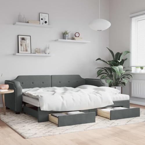 QJBSAVVA Tagesbett Dunkelgrau 223 x 90 cm Ausziehbar als Doppelbett 172 cm Tiefe Sofa mit 2 Schubladen Stoff Polsterbett Jugendzimmer Gästebett Stauraum Solution for livingroom or Bedroom