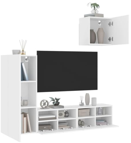Runheo 4-TLG. Wohnwand Weiß Holzwerkstoff, Modernes TV-Schrank-Set zur Wandmontage, Stauraum für Wohnzimmer, Schlafzimmer, Medien, Bücher, DVDs