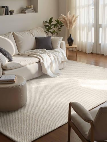 Elle Decoration Lyon - Wollteppich Beans, Natürlich & Handgemacht, Wohnzimmerteppich, Wolle, Skandi Loop Design, Einfarbiger Naturteppich mit Perlenstruktur - Natur Creme, 140x200 cm