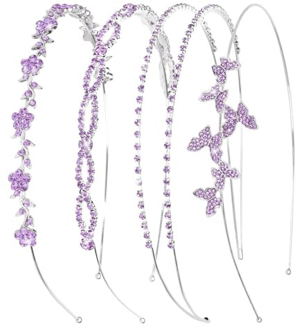 4 Stück lila Strass-Haarreifen, Haarreif für Blumenmädchen und Braut bei Hochzeiten, Kristall-Kopfbedeckung mit Blumen, Blättern und Schmetterlingen, metallener Haarreif, Haar-Accessoires für Damen