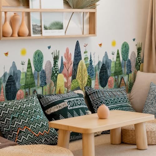 WandSticker4U®- [Aquafarben] Wandtattoo WALD Kinderzimmer Bordüre (84x43 cm) I Wandsticker Babyzimmer Wald Berge Häuser Natur I Boho Wandaufkleber Kinderzimmer Deko skandinavisch selbstklebend