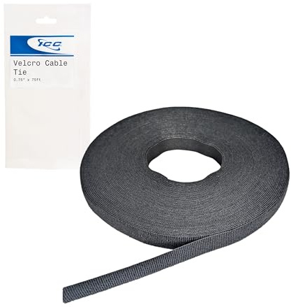 ICC Velcro® Brand ONE-WRAP® Tie Cable Tie Tape - 0.75” x 75 Feet Per Roll, Reusable Hook and Loop Fastening Tape for Efficient Cable Management, Organizing, and Bundling Wires and Cords, Black