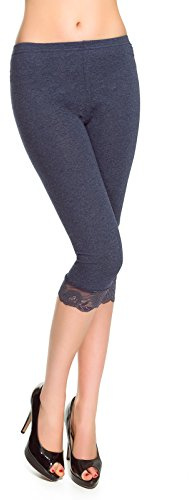 FUTURO FASHION Cropped 3/4 Lenght Cotton Leggings with Lace I Leg Side Floral Lace Capri Leggings I Sexy Summer Cropped Leggings I Sizes 8-22 UK Denim