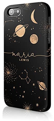 Tirita Personalised Initials Custom Hard Phone Case Compatible with iPhone 5 / 5s / SE 2016 PRINTED GLITTER, NOT REAL GLITTER Space Stars Moon Planets Black Copper Galaxy