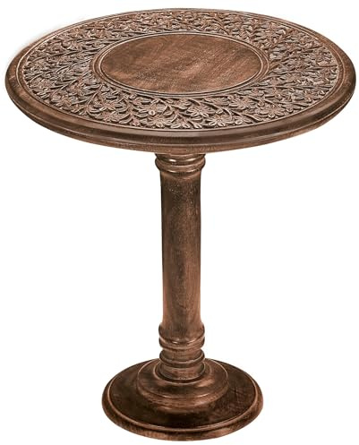 Wooden Coffee Table for Living Room - Single Pillar End Table, Small Night Stand, Carved Side Table for Magazines, Books & Plants - 18x22 Inch Burnt