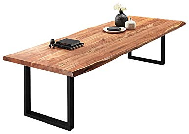 SAM Esszimmertisch 260x110 cm Valin, Akazienholz naturfarben & massiv, Baumkantentisch mit U -Gestell aus Metall Mattschwarz, echte Baumkante, Platte 50mm