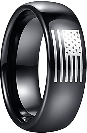 Vakki Herren/Damen Ringe aus Wolframcarbid 8mm Schwarz Kuppel Ring mit Amerikanische Flagge für Hochzeits Verlobungs Jahrestag Versprechen Hobby Comfort Fit Größe 57(18.1)