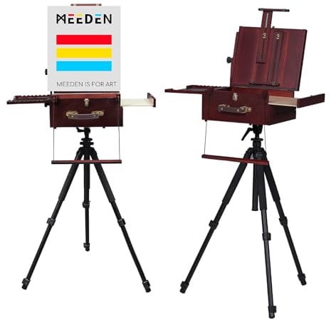 MEEDEN Plein Air Staffelei: Französische-staffelei mit Aluminium Reisestativ und Nylon Tragetasche, Tragbare Tischplatte zum Malen, Outdoor Staffelei – Walnuss