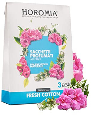 HOROMIA Sacchetti Profumati per Armadio Vestiti e Cassetti - Profumo Intenso e Duraturo fino a 12 Settimane - 3 Sacchetti Fresh Cotton
