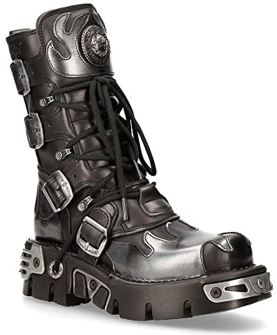 Stivali New Rock 591-S1 in Pelle Nera con Fiamma Nera Metallizzata alla Moda Stile Motociclista Punk Gotico 5