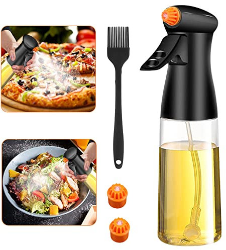 KoGiio Pulverizador de Aceite de Oliva, 7 Oz / 200 ml, Rociador de Aceite de Vinagre para Cocina, Mejorado con Cepillo de Limpieza Pulverizador de Aceite, para Cocinar/Barbacoa/Hornear/Ensalada-Negro