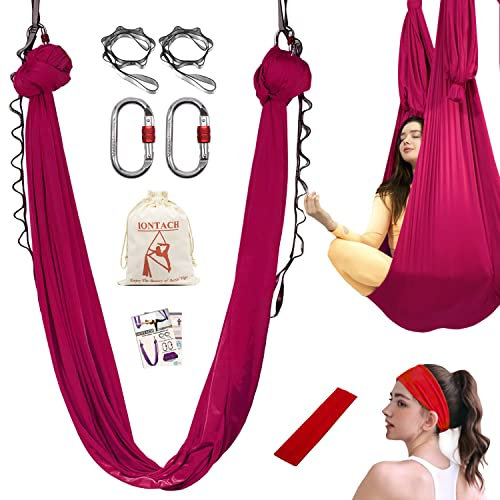 Aerial Yoga Hammock, 5.5 Yards Dark Red Aerial Silks Gymnastics for Home Indoor Jungle Gym, Antigravity Fitness Hammock with Carabiner, Daisy Chain and Guide