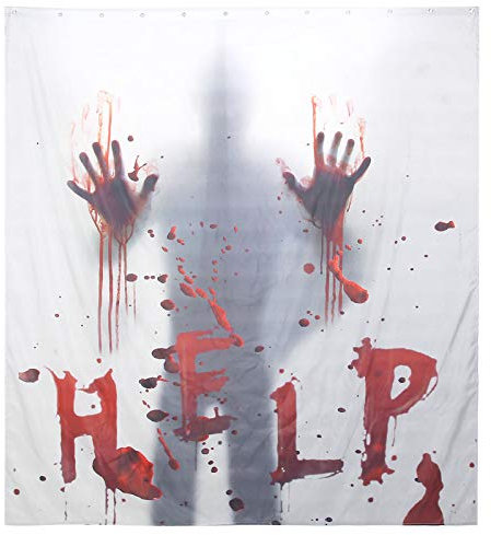 LIZEALUCKY 79 Zoll x 71 Zoll Halloween-Duschvorhang Horror Help Me with Bloody Hands Polyesterfaser-Badevorhänge für Halloween-Dekorationen mit Haken Badezimmerzubehör