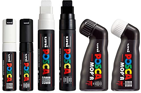 Posca - Broad Nib Paint Marker Pens - MOP'R, PC-17K, PC-8K - Black & White Set of 6