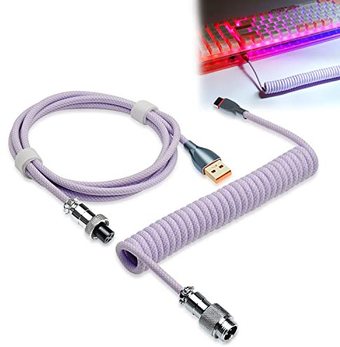 WOWLED Pro Custom Coiled USB C Cable for Gaming Keyboard, Double-Sleeved Mechanical Keyboard With Detachable Metal Aviator, 1.8M USB-C to USB-A (Purple)