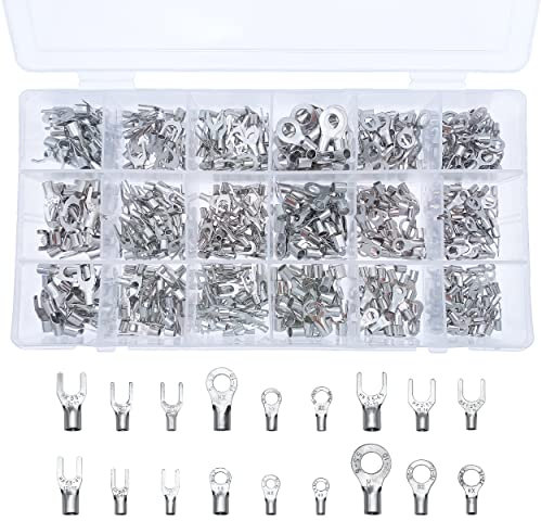 Teansic 600 Pcs Non-Insulated Ring Terminal & Fork Connector 22-10 AWG Tin-Plated Copper Ring Fork Terminals Assortment Kit
