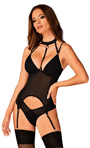 Obsessive - Korsett Brasica I mit Halsband und Höschen I Damen Dessous I mit Roségoldenen Accessoires I Verstellbare Träger und Strumpfhalter I Bügel in den Cups I Angenehmes Material I Schwarz