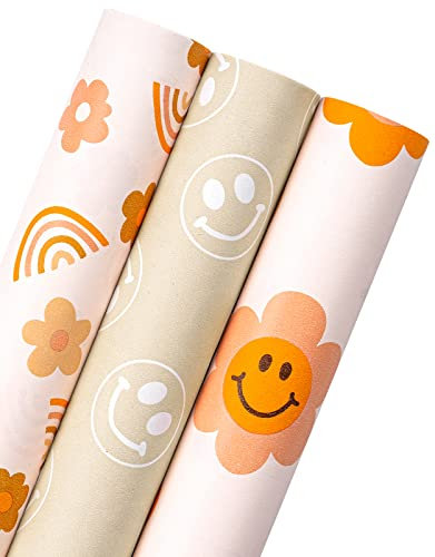 RUSPEPA Kraftpapierrollen für Babyparty, Geburtstag – 43 cm x 3 m pro Rolle, insgesamt 3 Rollen, Smiley und Regenbogen