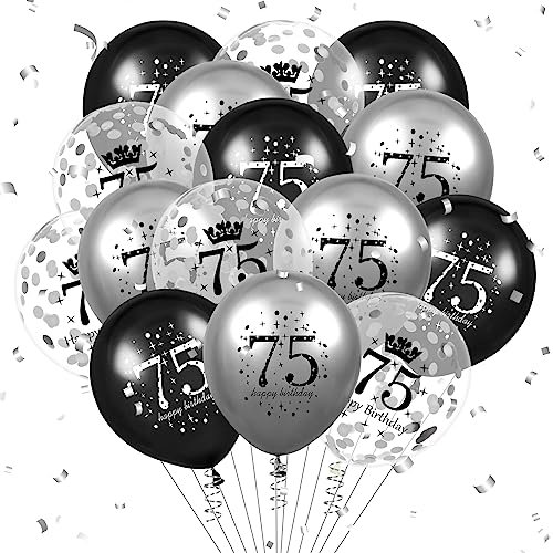 Luftballon 75. Geburtstag Deko 15 Stück Schwarz Silber Ballons - 75 Jahre Geburtstagsdeko Happy Birthday Deko Latex Konfetti Ballon für Männer Frauen 75. Jubiläum Geburtstag Party Dekoration 12Zoll